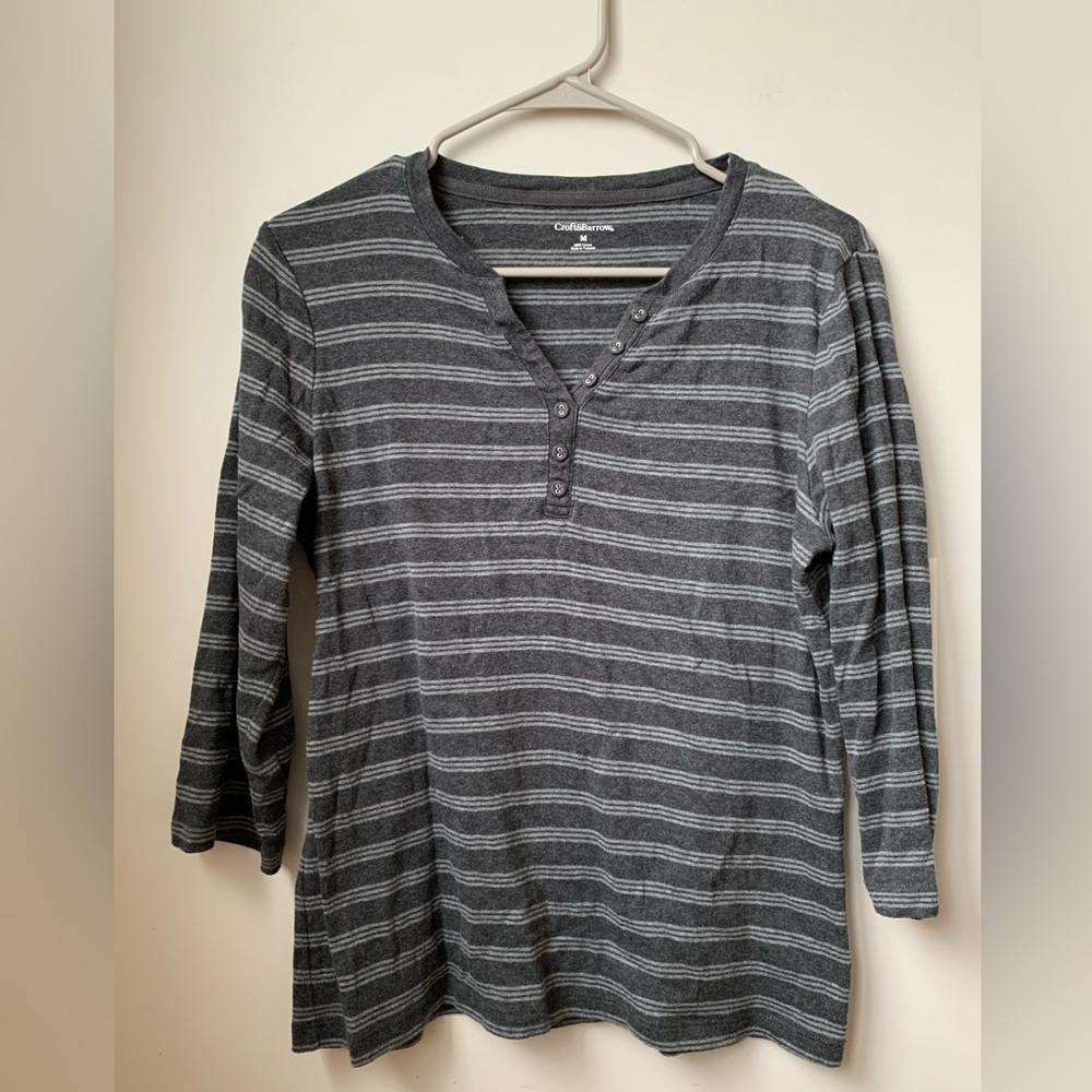 CROFT & BARROW Women’s Black Gray Stripe 3/4 Sleeve Cotton Tee - Picture 3 of 6
